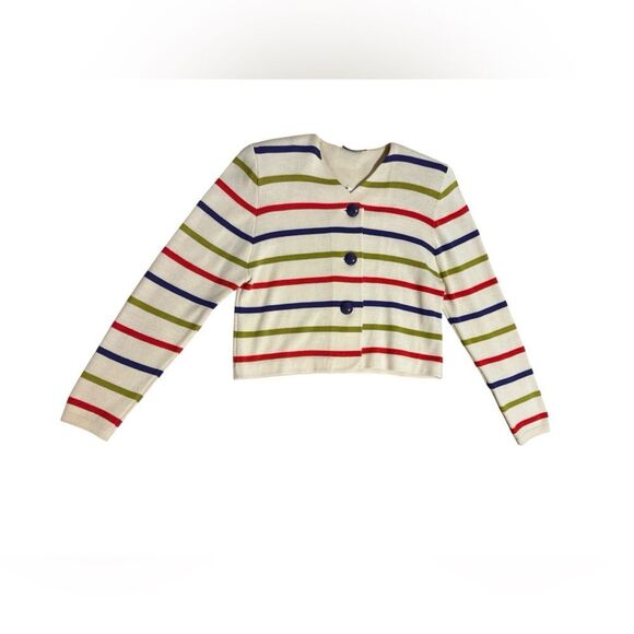 ST JOHN button up cream & colorful striped button up long sleeve cardigan sz 10 - Picture 2 of 7